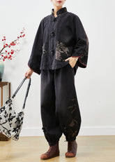 Schwarzer Patchwork-Jeans-Zweiteiler mit chinesischem Knopfdruck